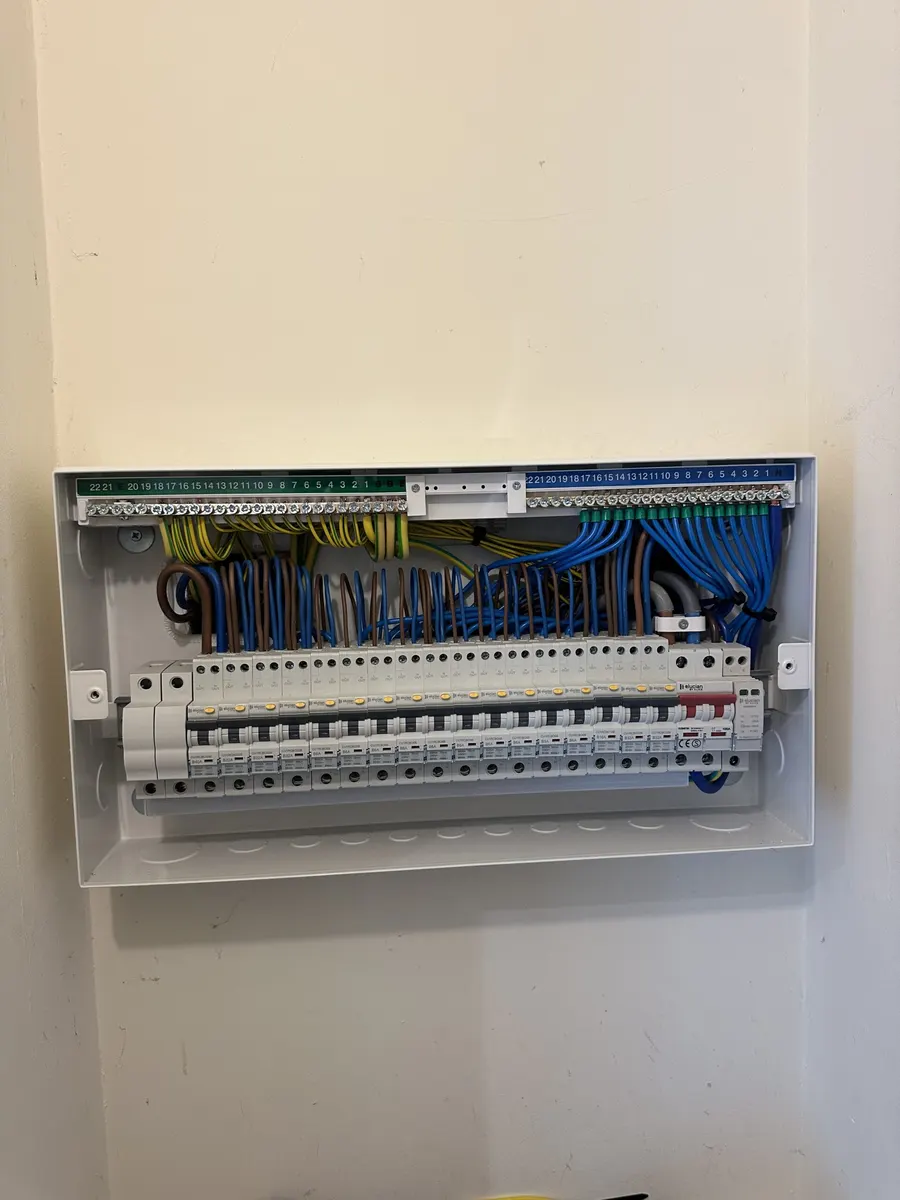 Large domestic consumer unit with its cover removed and circuits labelled