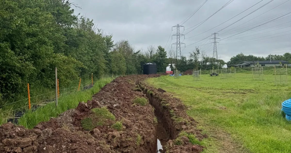 Long cable trench cut across a field beside a hedge, water tank and pylons in the distance