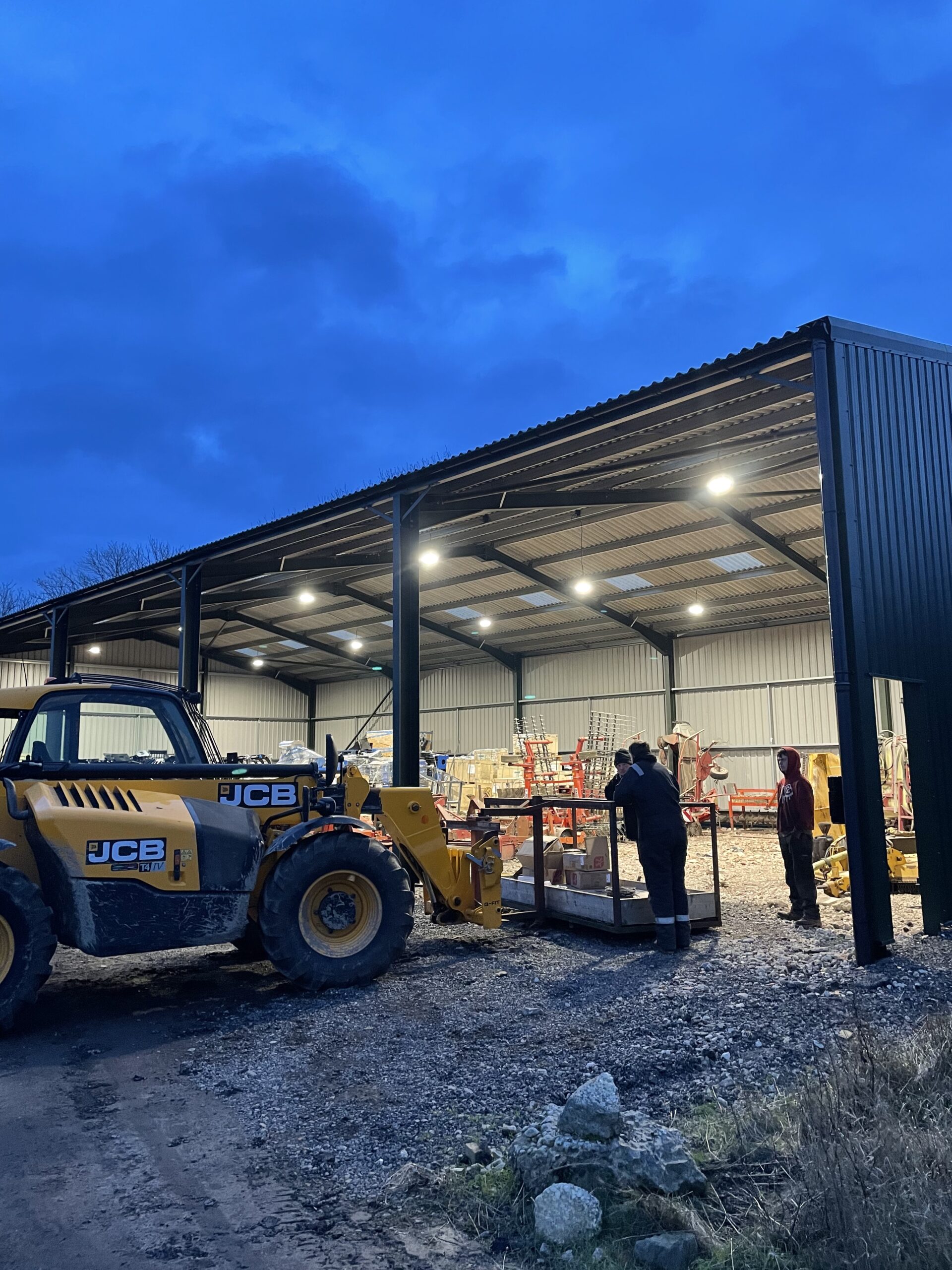 External Lighting Installation Outdoor shed or warehouse with steel structure and overhead lighting